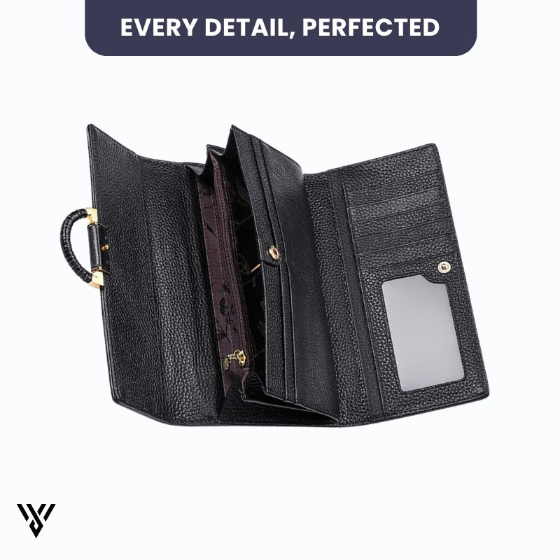 MiraMoire Premium Leather Wallet, elegant black, close-up showing fine stitching and perfected details - VAYOME.
