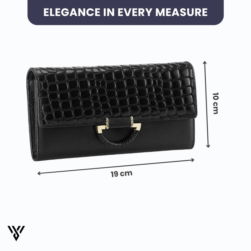 MiraMoire Premium Leather Wallet dimensions in black: 19cm length x 10cm width, elegant women's wallet - VAYOME.