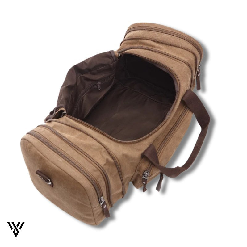 NomadVault Travel Bag, men's canvas duffel in brown, interior look showing spacious capacity and organization - VAYOME.