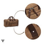 NomadVault Canvas Duffel Bag, khaki/gray/orange, close-up of durable double-ended zipper and leather accents - VAYOME.