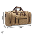 NomadVault Canvas Duffel Bag dimensions in khaki/gray/orange: 53cm length x 30cm height x 25cm width - VAYOME.