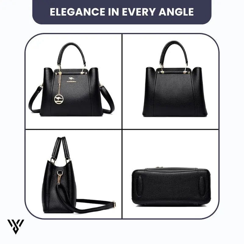 Premium 3-Layer Leather Crossbody Bag in BLACK color, a women's purse/fashion handbag, showcasing elegance in every angle - VAYOME.