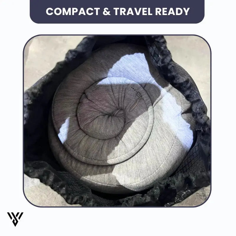 Premium Travel Neck Pillow in gray color (tap style), an U-shape memory foam neck pillow for the neck, described as compact and travel ready - VAYOME.