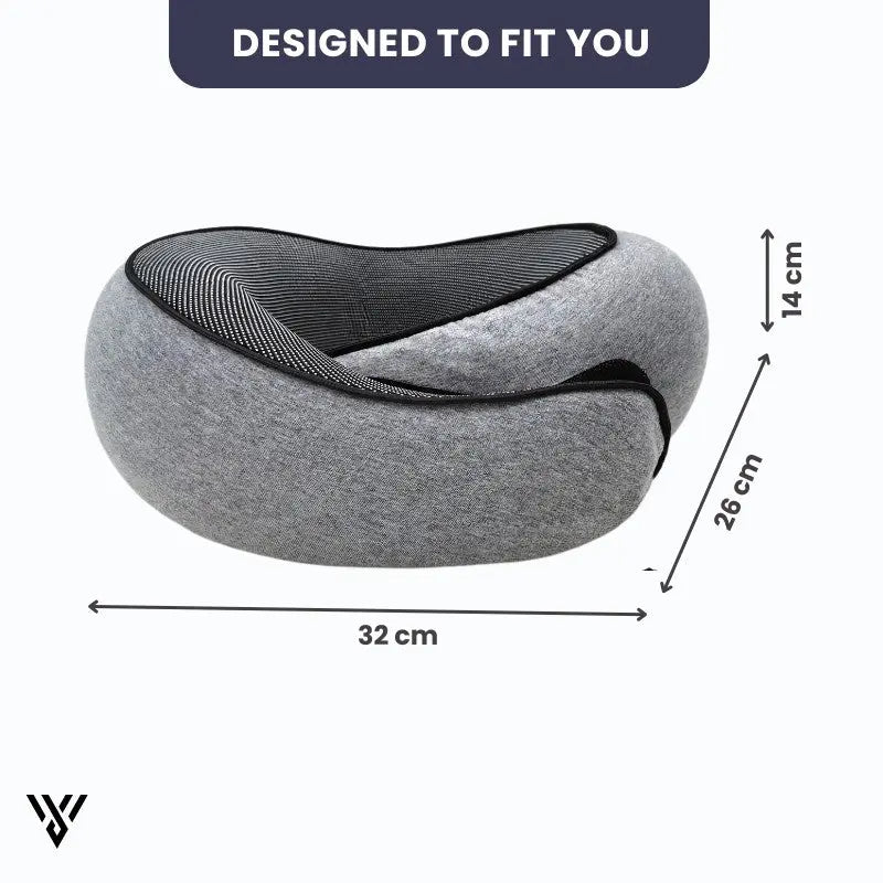 Premium Travel Neck Pillow in gray color (tap style), an U-shape memory foam neck pillow for the neck, with dimensions: 32cm L x 26cm W x 14cm Height - VAYOME.