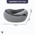 Premium Travel Neck Pillow in gray color (tap style), an U-shape memory foam neck pillow for the neck, with dimensions: 32cm L x 26cm W x 14cm Height - VAYOME.