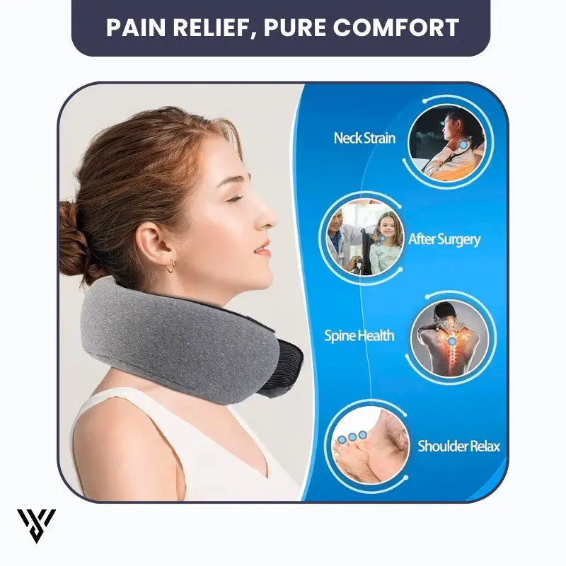 Premium Travel Neck Pillow in gray color (tap style), an U-shape memory foam neck pillow for the neck, promising pain relief and pure comfort - VAYOME.