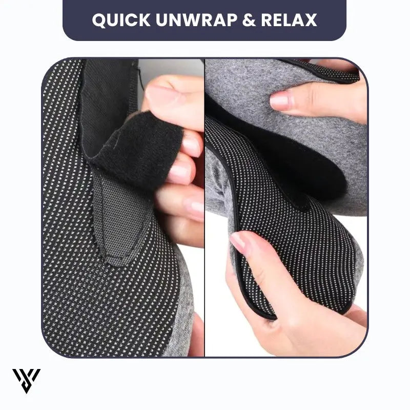 Premium Travel Neck Pillow in gray color (tap style), an U-shape memory foam neck pillow for the neck, with the slogan: Quick Unwrap, Relax - VAYOME.