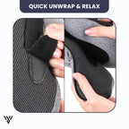 Premium Travel Neck Pillow in gray color (tap style), an U-shape memory foam neck pillow for the neck, with the slogan: Quick Unwrap, Relax - VAYOME.