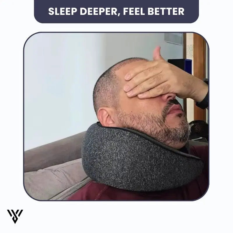 Premium Travel Neck Pillow in gray color (tap style), an U-shape memory foam neck pillow for the neck, with the slogan: Sleep Deeper, Feel Better - VAYOME.