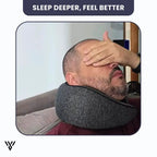 Premium Travel Neck Pillow in gray color (tap style), an U-shape memory foam neck pillow for the neck, with the slogan: Sleep Deeper, Feel Better - VAYOME.