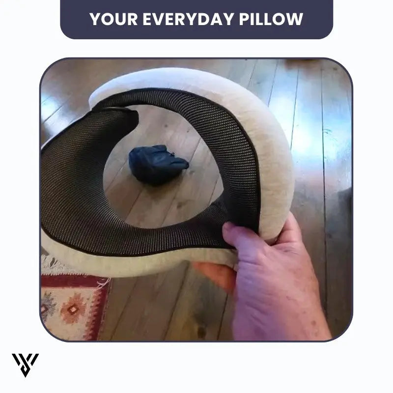 Premium Travel Neck Pillow in gray color (tap style), an U-shape memory foam neck pillow for the neck, marketed as your everyday pillow - VAYOME.