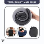 Premium Travel Neck Pillow in gray color (tap style), an U-shape memory foam neck pillow for the neck, with the slogan: Your Journey Made Easier - VAYOME.