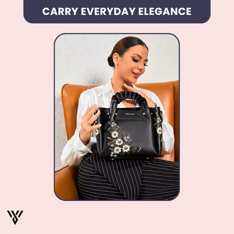 Roselia Blossom Tote white floral braided faux leather handbag elegant women’s shoulder bag designed for everyday elegance from Vayome Store