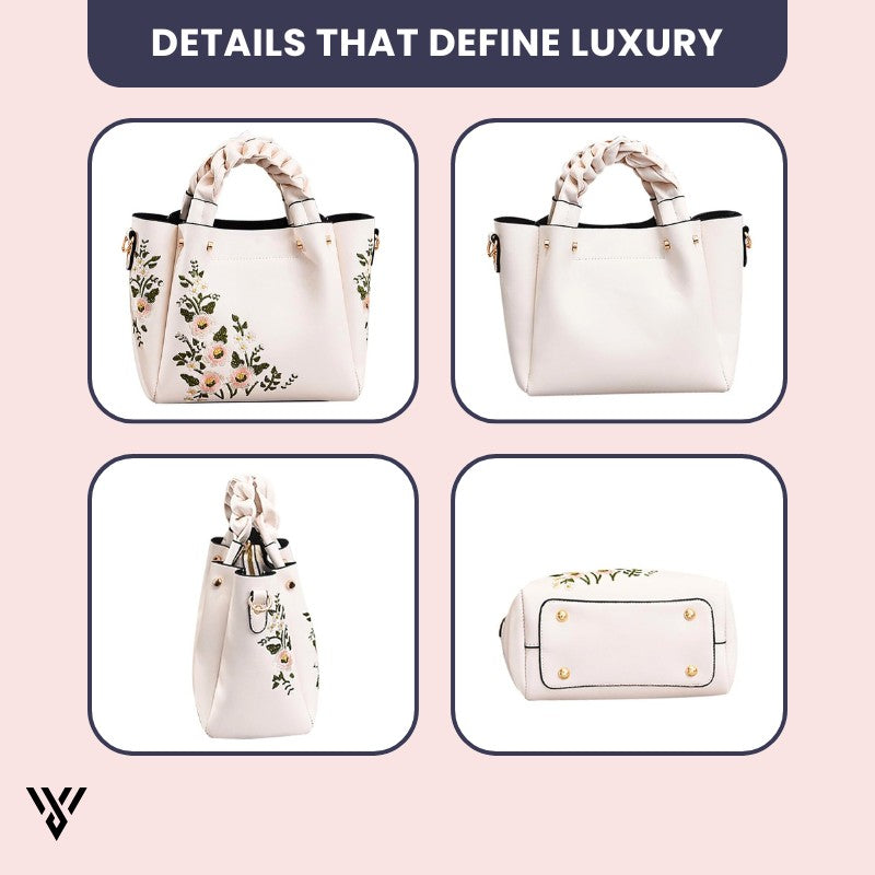 Roselia Blossom Tote white floral braided faux leather handbag elegant women’s shoulder bag with luxury detailing from Vayome Store