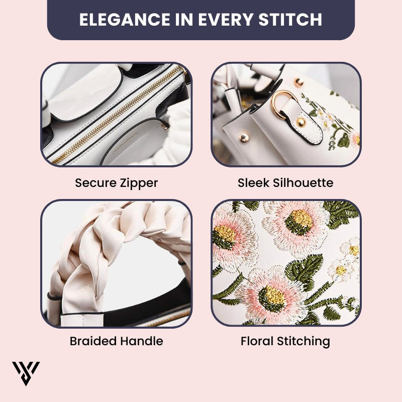 Roselia Blossom Tote white floral braided faux leather handbag elegant women’s shoulder bag showcasing fine stitching details from Vayome Store