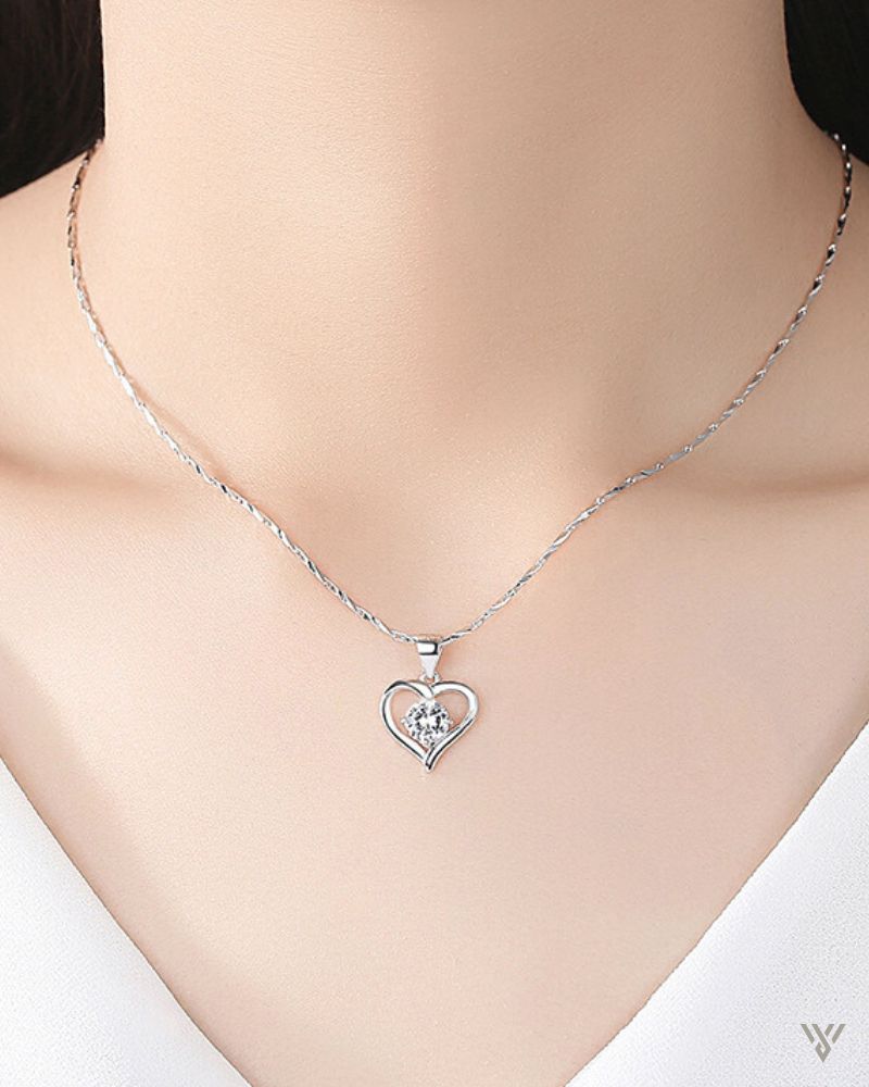 S999 Love Solitaire - Sterling Silver Heart-Shaped Necklace - Vayome - White Diamond - Lifestyle Shot