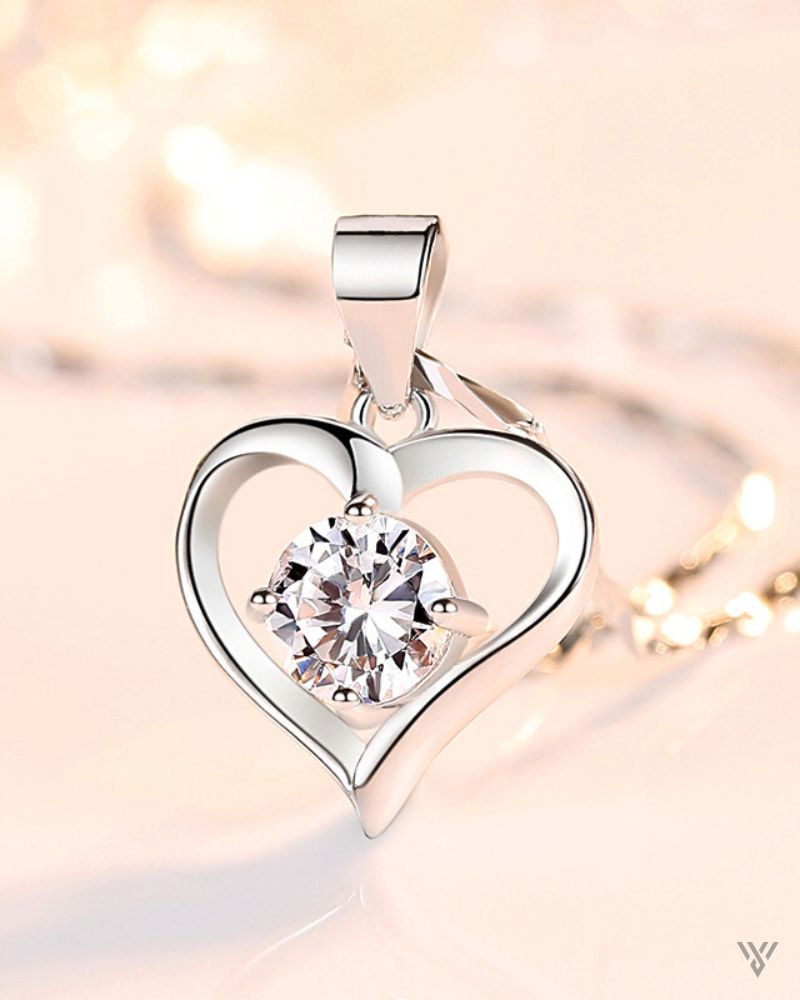 S999 Love Solitaire - Sterling Silver Heart-Shaped Necklace - Vayome - White Diamond - Vertical Shot