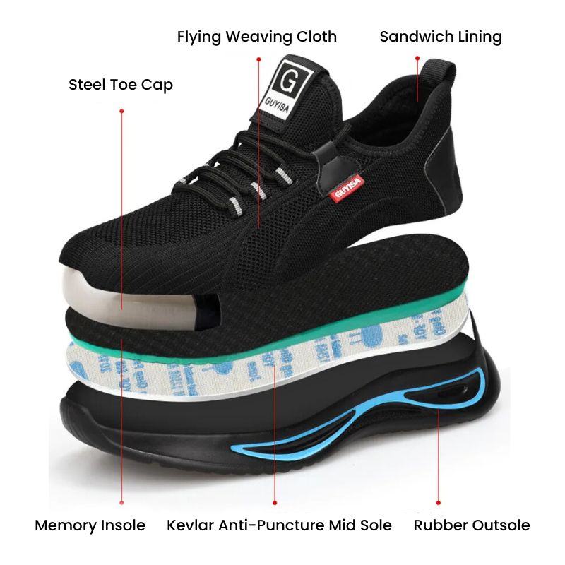 Black safety shoe with labeled components on a white background