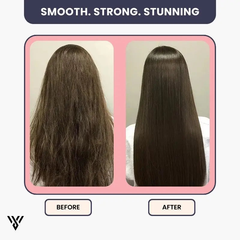 Split-End Precision Trimmer Pro in Pink Color, designed to trim split ends without cutting length, featuring a before/after image illustrating smooth, strong, stunning hair results - VAYOME.