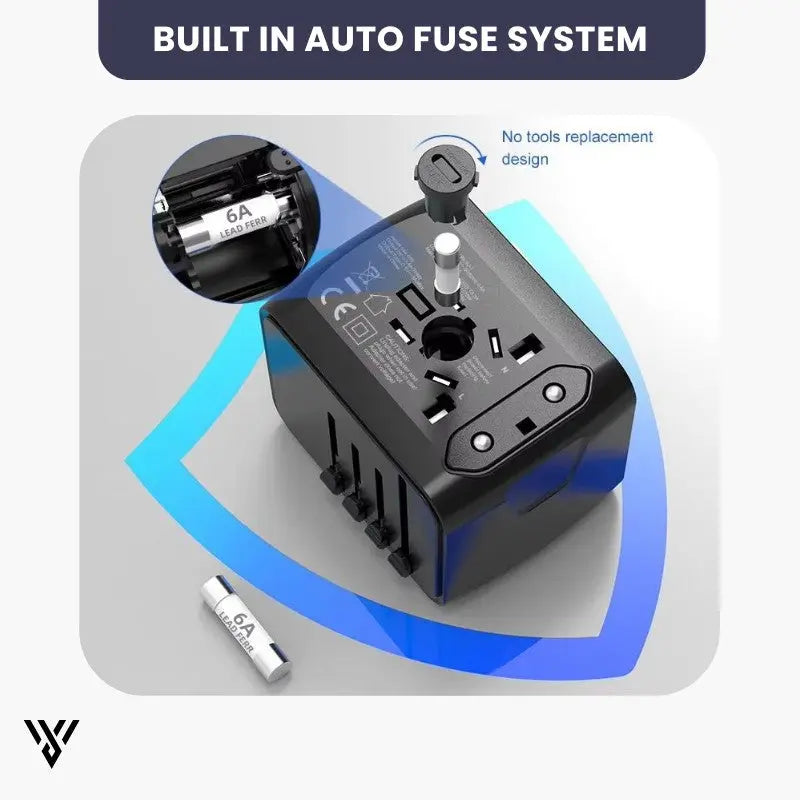 Universal Adapter Pro in Blue Color, one adapter for every destination, supports over 150 countries, featuring a built-in auto-fuse system - VAYOME.