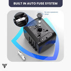 Universal Adapter Pro in Blue Color, one adapter for every destination, supports over 150 countries, featuring a built-in auto-fuse system - VAYOME.