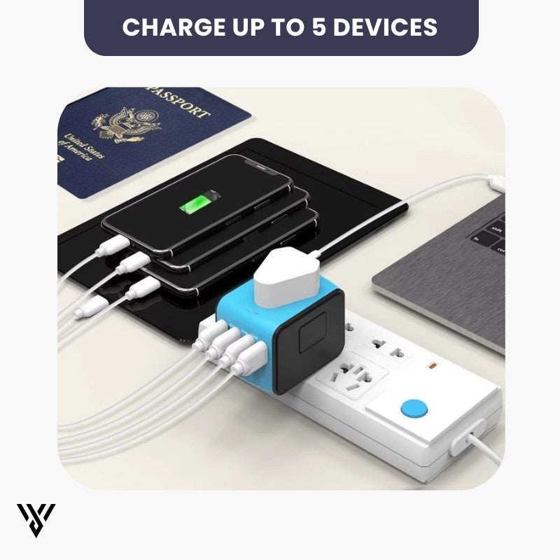 Universal Adapter Pro in Blue Color, one adapter for every destination, supports over 150 countries, and allows charging of up to 5 devices simultaneously - VAYOME.