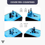 Universal Adapter Pro in Blue Color, one adapter for every destination, supports over 150 countries, detailing how it covers 150+ countries - VAYOME.