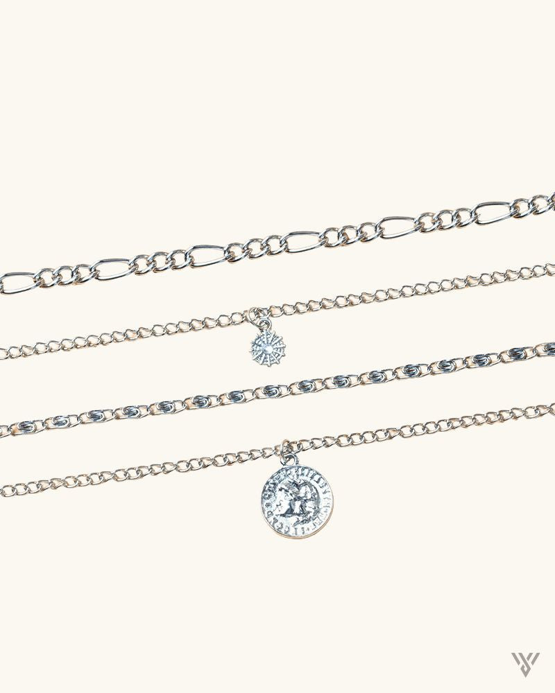 Urban Link Layer - Layered Coin Stack Necklace - Vayome - Silver - Zoomed-in View