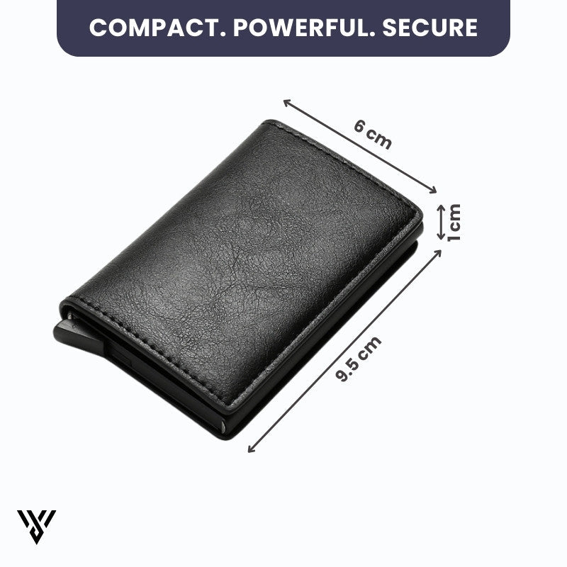 VaultEdge RFID Wallet dimensions in black: 6cm width x 9.5cm length x 1cm height - VAYOME.