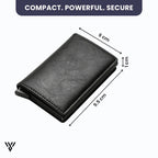 VaultEdge RFID Wallet dimensions in black: 6cm width x 9.5cm length x 1cm height - VAYOME.
