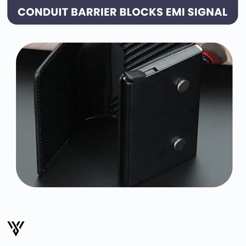 VaultEdge RFID Wallet, carbon fiber black, showing conduit barrier blocking EMI signals for anti-theft security - VAYOME.