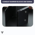 VaultEdge RFID Wallet, carbon fiber black, showing conduit barrier blocking EMI signals for anti-theft security - VAYOME.