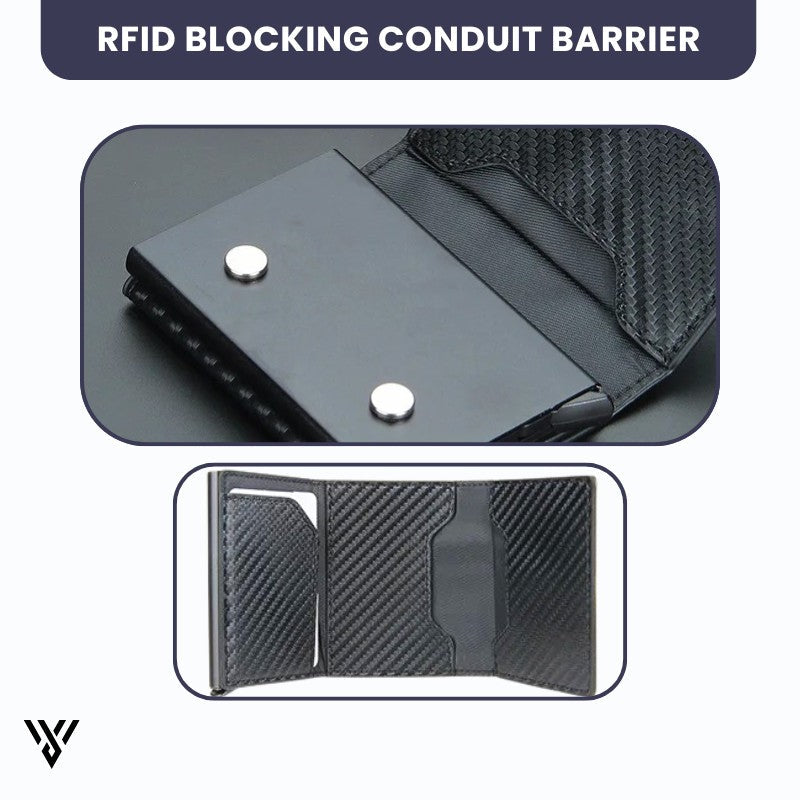VaultEdge RFID Blocking Wallet, slim carbon fiber black, showcasing conductive barrier for anti-theft security - VAYOME.