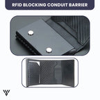 VaultEdge RFID Blocking Wallet, slim carbon fiber black, showcasing conductive barrier for anti-theft security - VAYOME.