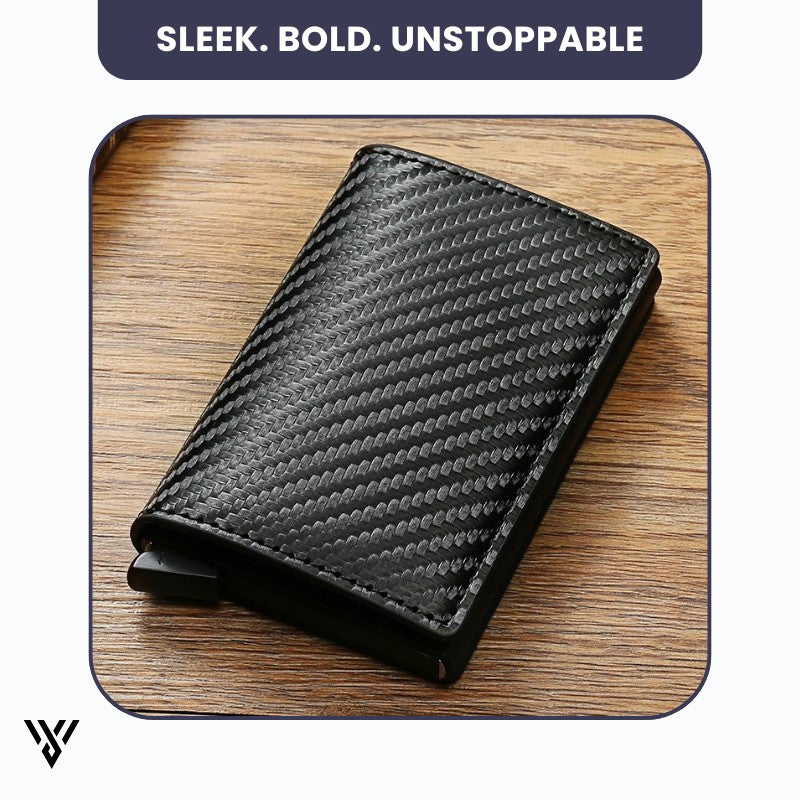 VaultEdge RFID Wallet, carbon fiber black, slim anti-theft design, sleek and durable finish - VAYOME.