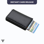 VaultEdge RFID Wallet, carbon fiber black, showing instant card release mechanism with a single flip - VAYOME.
