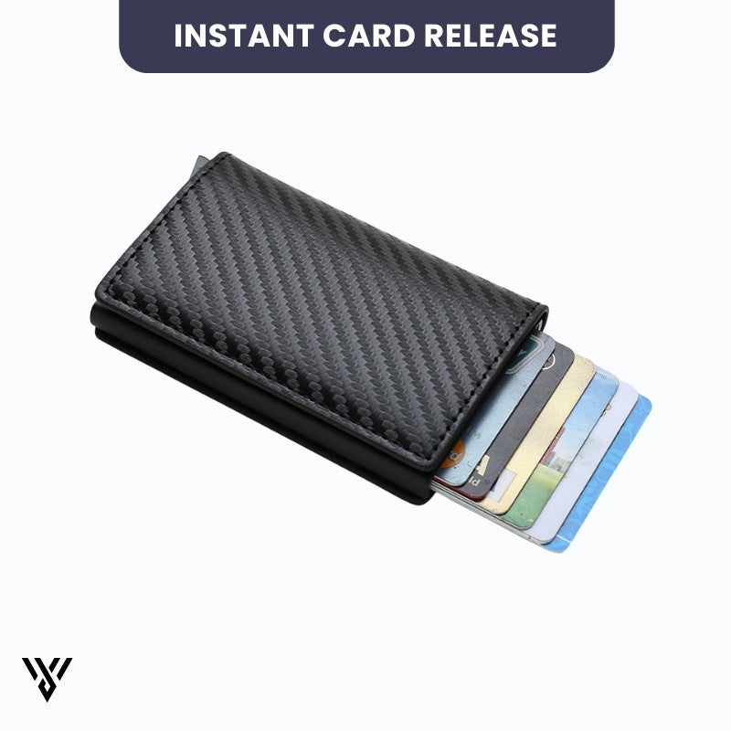VaultEdge RFID Wallet, carbon fiber black, showing instant card release mechanism with a single flip - VAYOME.