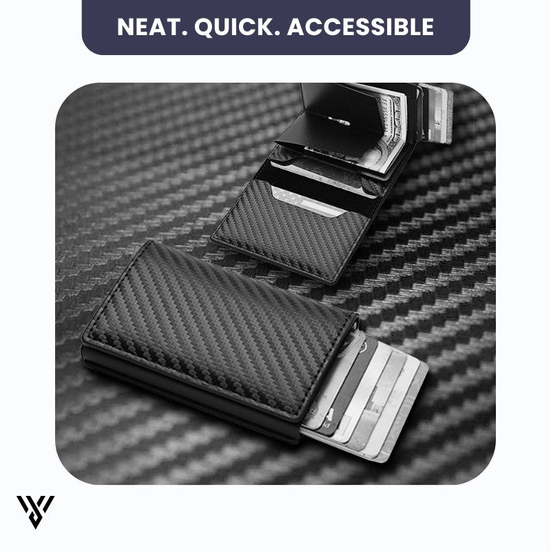 VaultEdge RFID Wallet, carbon fiber black, close-up view showing neat, quick-accessible card slots - VAYOME.