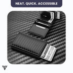 VaultEdge RFID Wallet, carbon fiber black, close-up view showing neat, quick-accessible card slots - VAYOME.