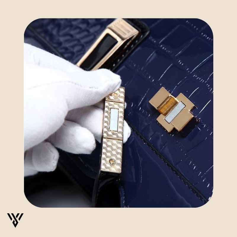 Velmira Luxe Tote in navy blue, close-up view showcasing the overall elegant texture and finish - VAYOME.