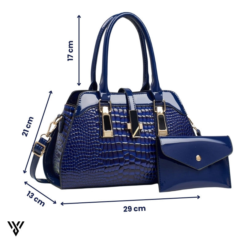 Velmira Luxe Tote dimensions in navy blue: 29cm length x 21cm height x 13cm width, with a 21cm handle drop - VAYOME.