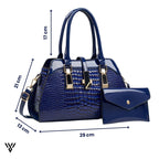 Velmira Luxe Tote dimensions in navy blue: 29cm length x 21cm height x 13cm width, with a 21cm handle drop - VAYOME.