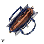 Velmira Luxe Tote in navy blue, inner view showcasing large compartments and pockets for organization - VAYOME.