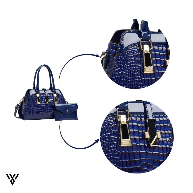 Velmira Luxe Tote in navy blue, zoomed view of the elegant top corner handle and durable skin texture - VAYOME.