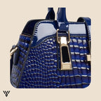 Velmira Luxe Tote in navy blue, zoomed view of the elegant top corner and fine construction details - VAYOME.