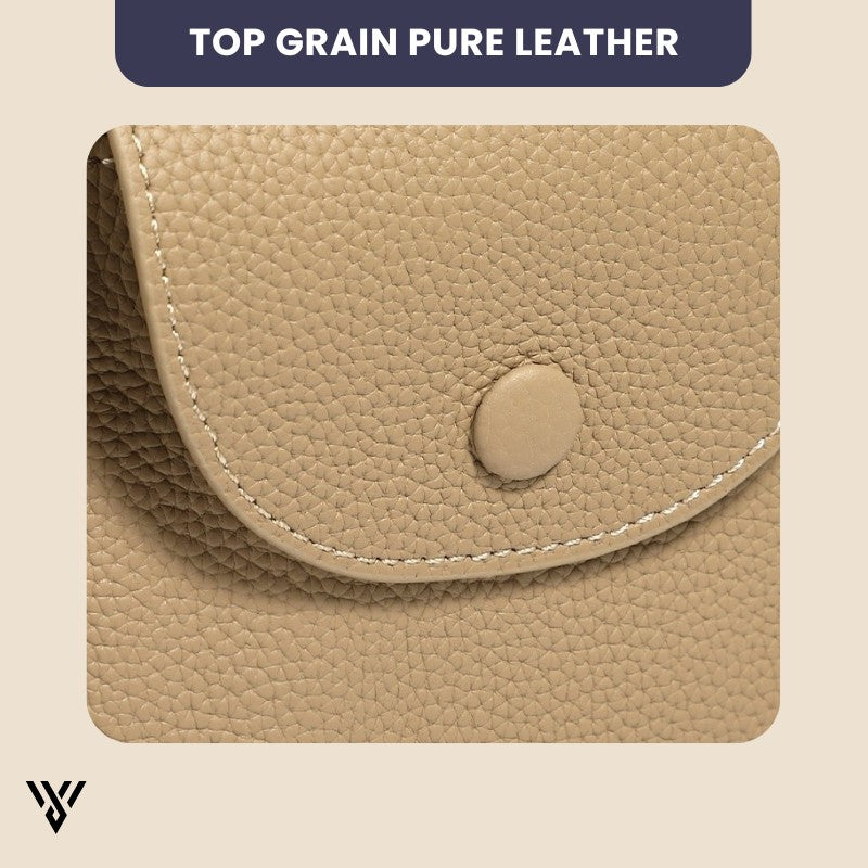 Versatile Contrast Leather Lock Bag in Beige, close-up view of the top-grain leather material - VAYOME.