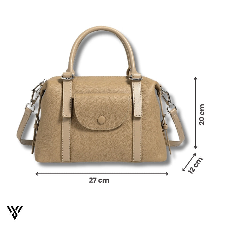 Versatile Contrast Leather Lock Bag dimensions in Beige color: 27cm length x 12cm width x 20cm height - VAYOME.
