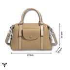 Versatile Contrast Leather Lock Bag dimensions in Beige color: 27cm length x 12cm width x 20cm height - VAYOME.