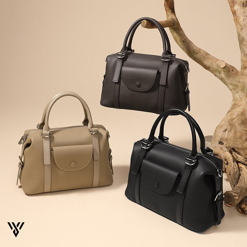 Versatile Contrast Leather Lock Bag for women, showing trendy, stylish, and luxurious options in Beige, Brown, and Black colors - VAYOME.
