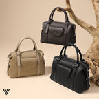 Versatile Contrast Leather Lock Bag for women, showing trendy, stylish, and luxurious options in Beige, Brown, and Black colors - VAYOME.